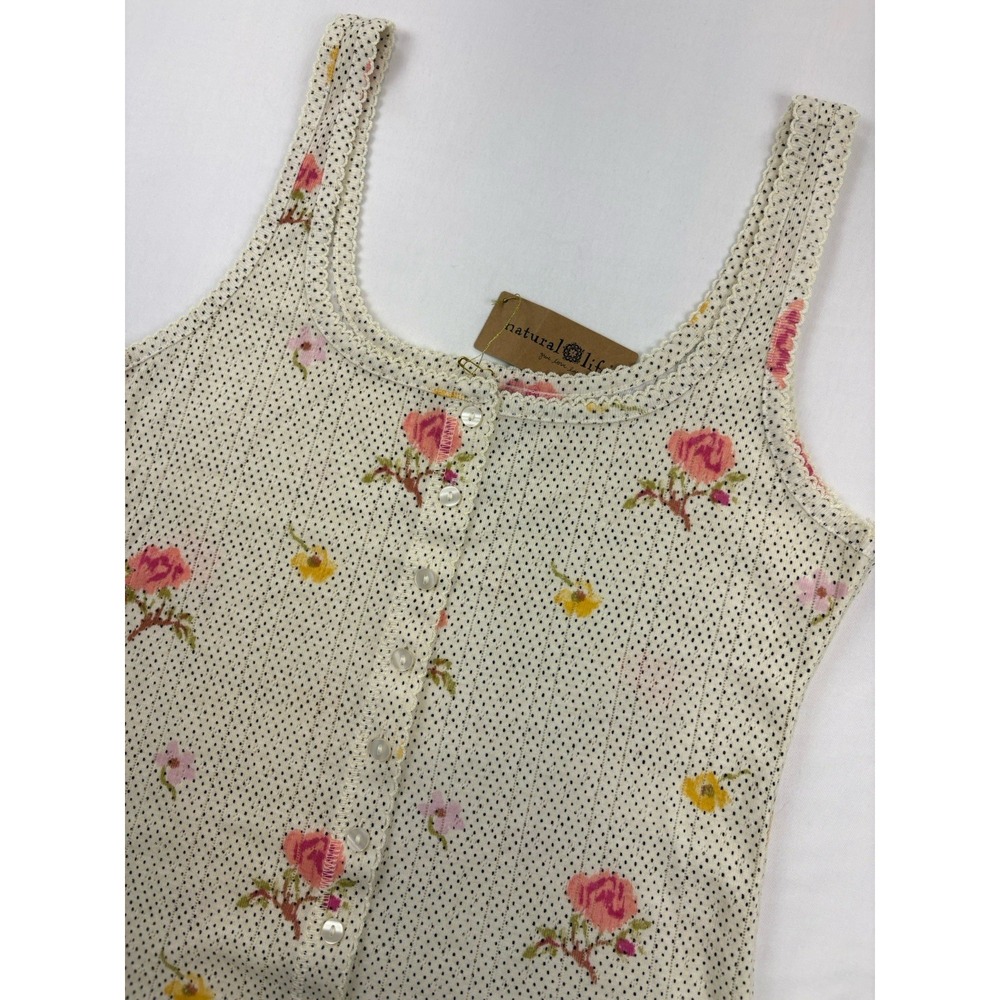 NWT NATURAL LIFE Fitted Tank Top Ivory Minimalist Floral Button Up Women's L